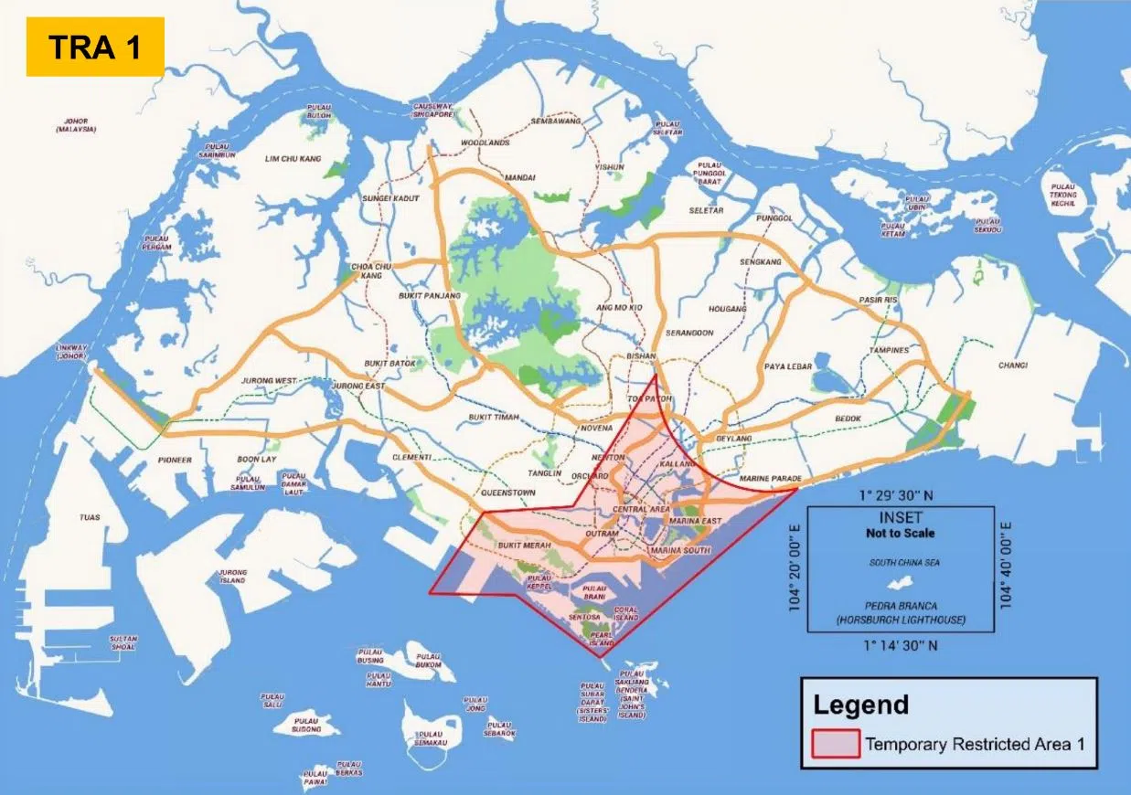 红色区块为临时禁飞区1，范围涵盖政府大厦前大草场附近的市中心、滨海湾、红山、加冷等地区，以及南部岛屿。（民航局提供）