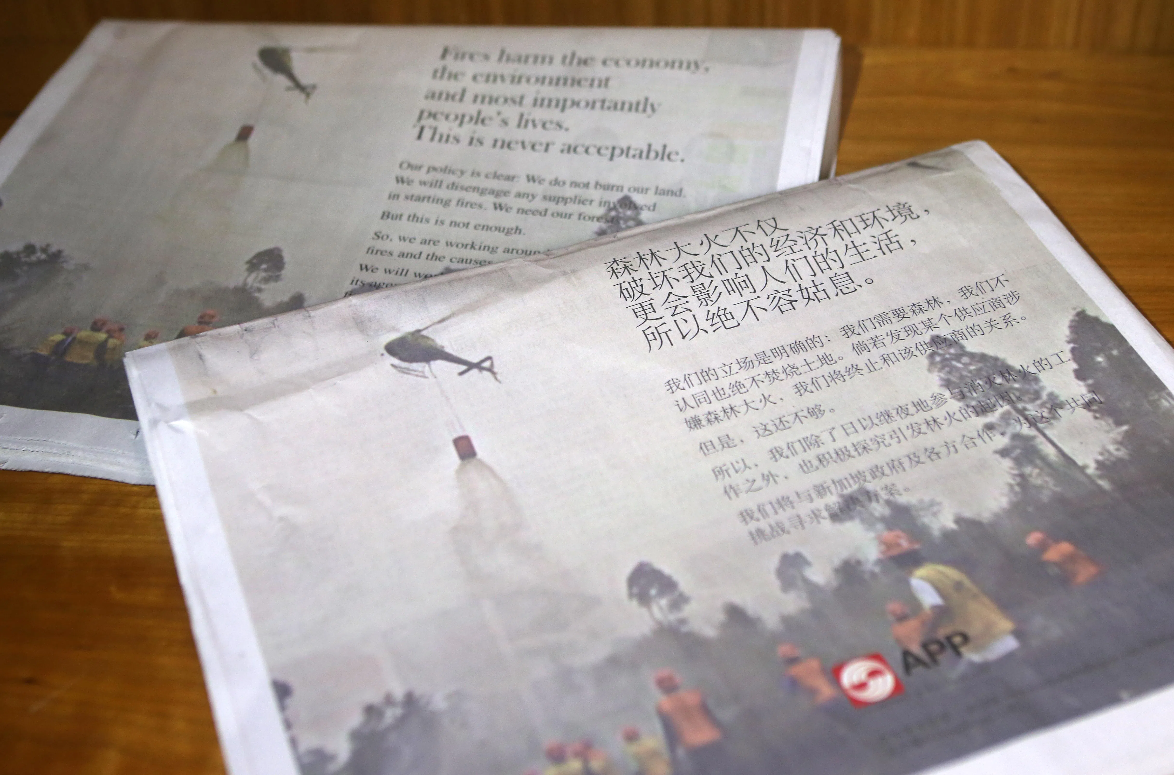 2015年严重烟霾事故后，亚洲纸浆纸品在《联合早报》等报章刊登广告声明说，公司不认同也绝不焚烧土地，若发现有供应商涉嫌森林大火将终止关系。