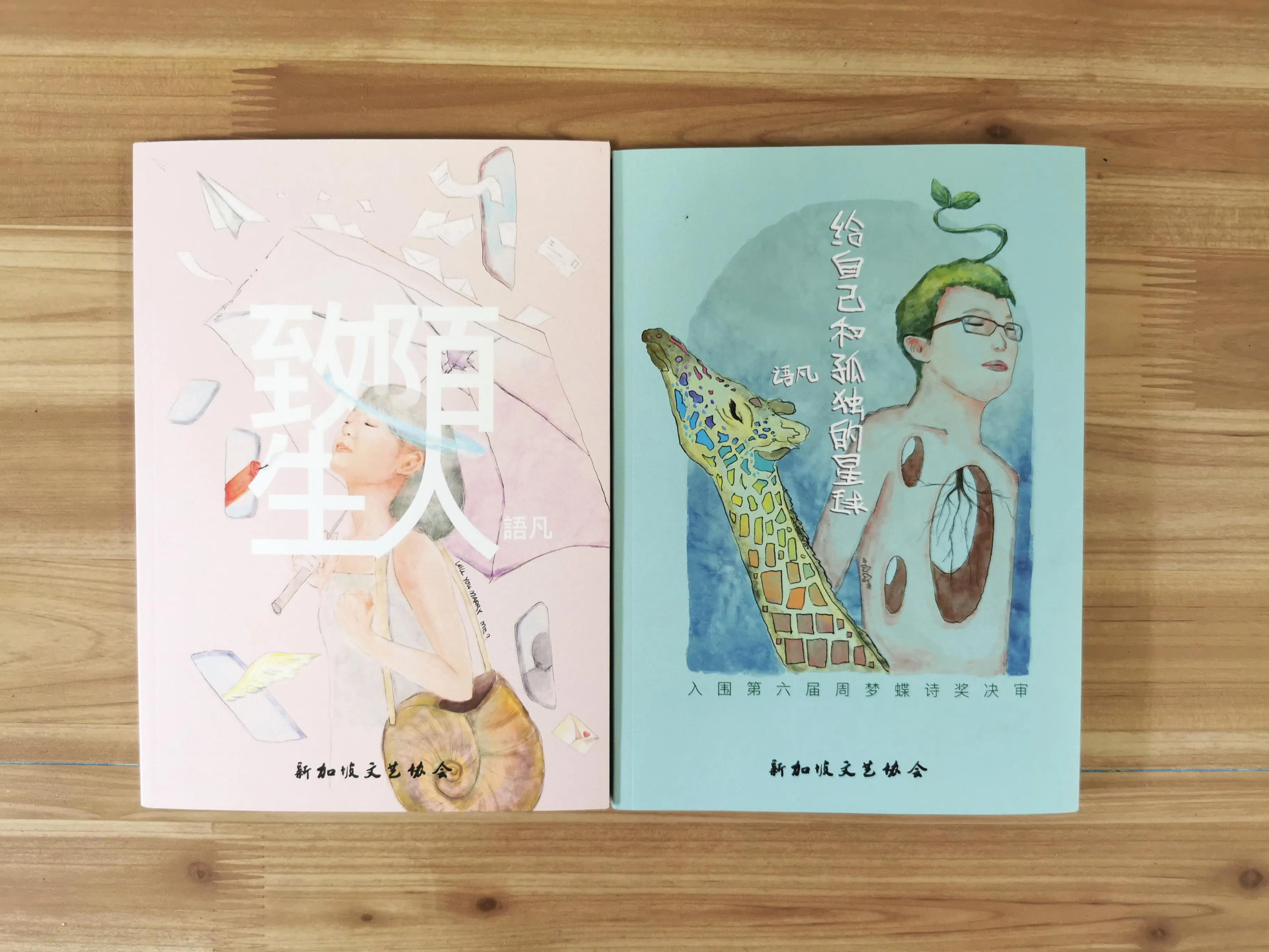 语凡散文集《致陌生人》与诗集《给自己和孤独的星球》。（陈宇昕摄）