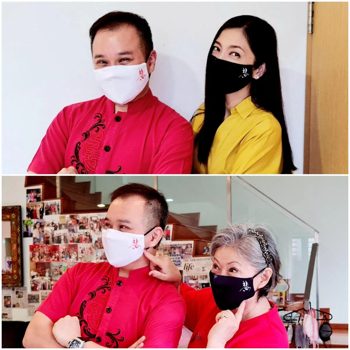 “慧”字口罩义卖获得众多艺人支持，黄碧仁（右）是其中一位。（受访者提供）