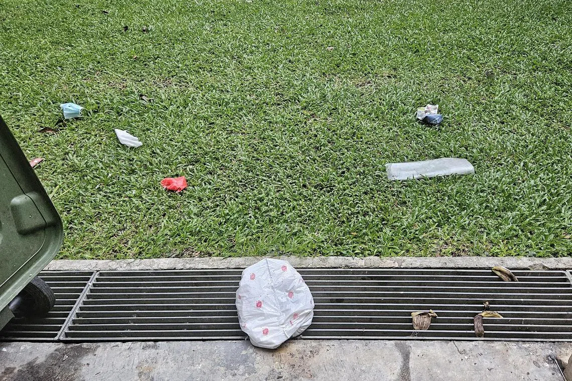 居民指常见包在塑料袋的厨余被扔下楼。（徐颖荃摄）