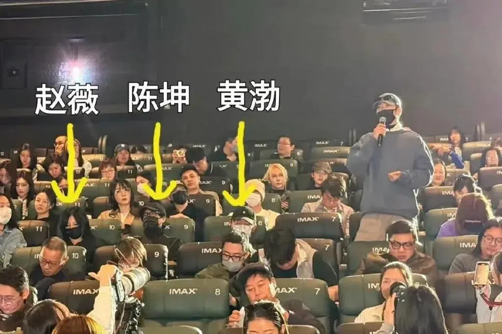 赵薇低调偕陈坤黄渤出席电影活动 罕见“摸头杀”被拍