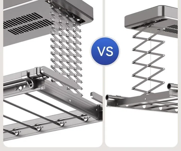 小米电动晾衣架附设双层加厚剪叉臂（左），可承载300公斤衣物，比普通晾衣架（右）的单层轻薄剪叉架更耐用安全。（商家提供）