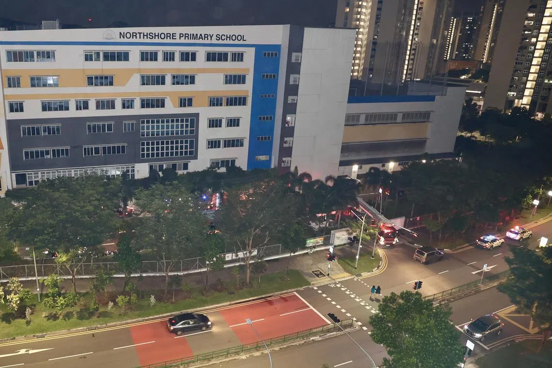 这起火患发生于晚上8时50分左右，地点在榜鹅北岸通道的北岸小学。（邬福梁摄）