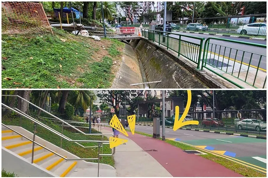 陆交局特别规划空间，为2.8公里长的开放式排水沟“加盖”（下图），重建为地下排水沟，从而方便居民在上方行走和骑车。上图为工程未进行前的照片。（取自陆交局脸书）