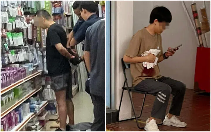 嫌凶（左）案发后当场被捕。尝试阻止嫌凶的男职员（右）腹部中刀，流了不少血。（读者提供）