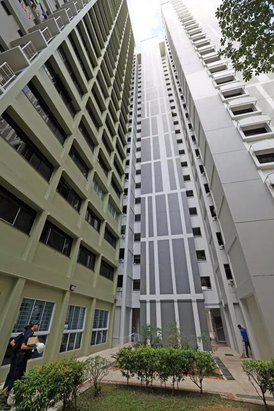 警方在组屋一楼拉上封锁线，组屋后方的草坪旁可见陶瓷碎片。（刘启成摄）