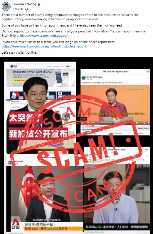 诈骗分子利用深度伪造技术，盗用黄循财总理的照片行骗，黄总理在脸书发文提醒公众切勿上当受骗。（取自黄循财脸书）