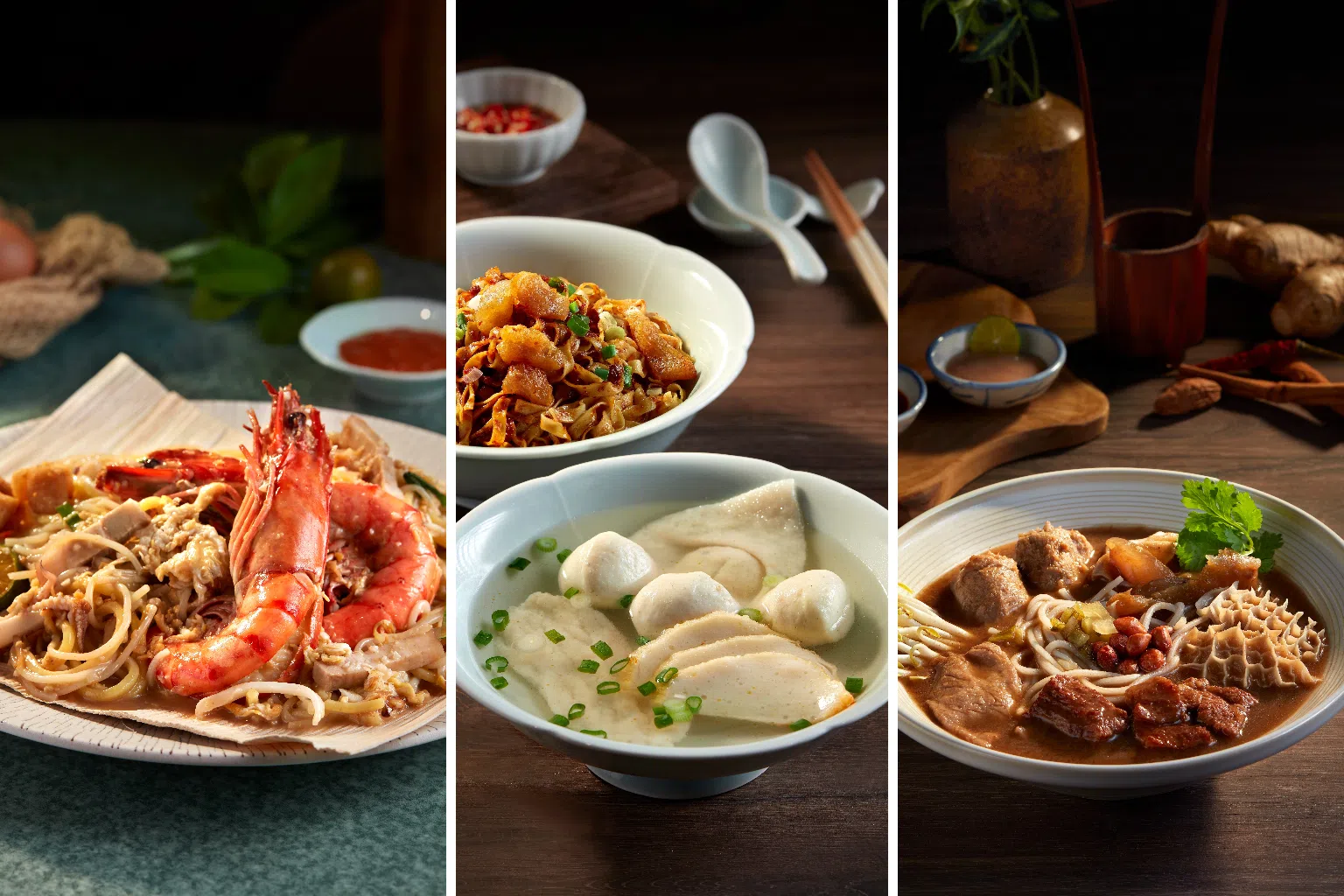 (From left) Signature dishes from First Street Fried Prawn Noodles, LiXin Teochew Fishball Noodles and Wah Eng Beef Noodles, bringing well-loved heritage flavours to Food Opera’s line-up.