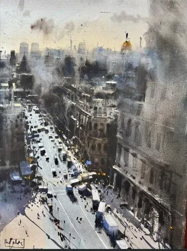 水彩画家阿尔瓦罗·卡斯塔涅特的作品《巴塞罗那》。（新加坡水彩画会提供）