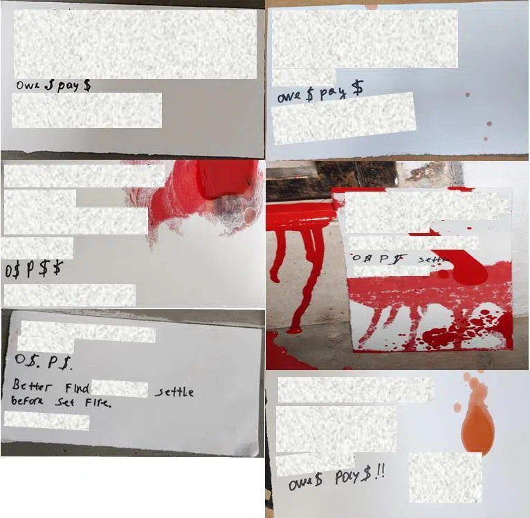 警方在这起案件中起获的讨债字条。（新加坡警察部队提供）