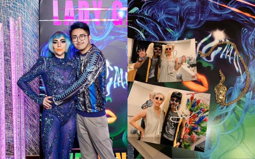 香港粉丝李先生（左图右）2018年飞到拉斯维加斯看偶像的“Enigma”演唱会，幸运获得与偶像见面的机会。右图是卡卡2012年在香港开唱时，李先生提前三天到场馆外排队，成为第一个入场的粉丝，演出结束后，卡卡请他到后台见面并合照。（李先生提供）