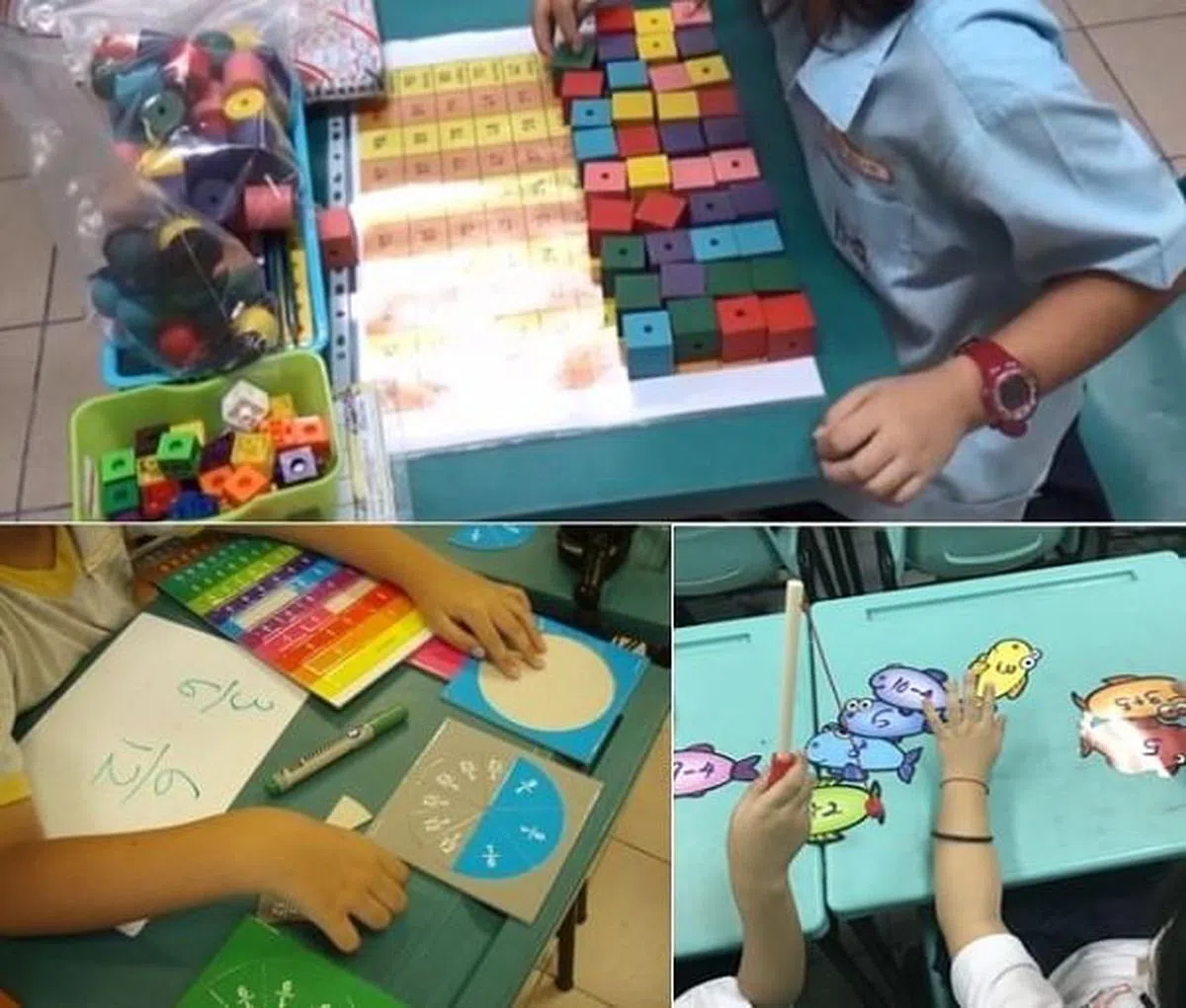 学生利用各种教具和好玩的游戏，学习加法、计算和分数（fractions）。(取自教育部网络刊物Schoolbag.sg)
