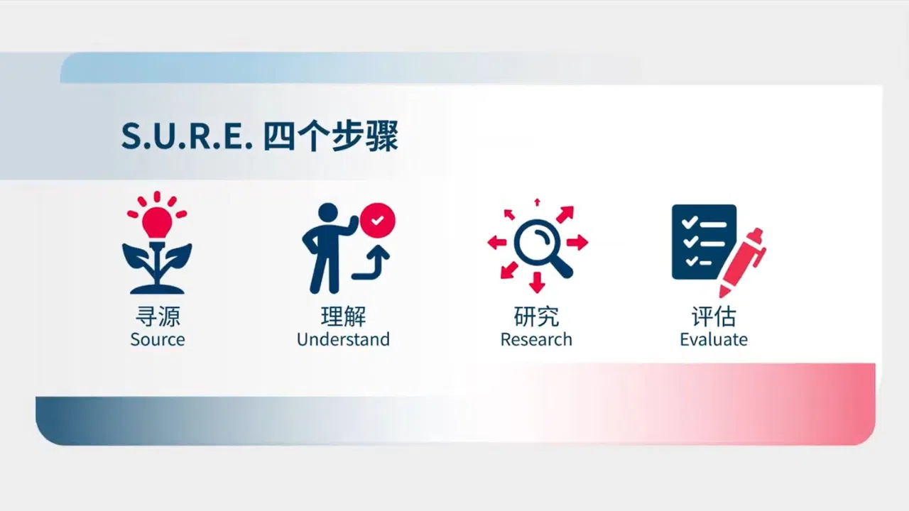 国家图书馆管理局推广的S.U.R.E.查证法，包括寻源（Source）、理解（Understand）、研究（Research）、评估（Evaluate）四个步骤 。（制图 / 叶伟成）