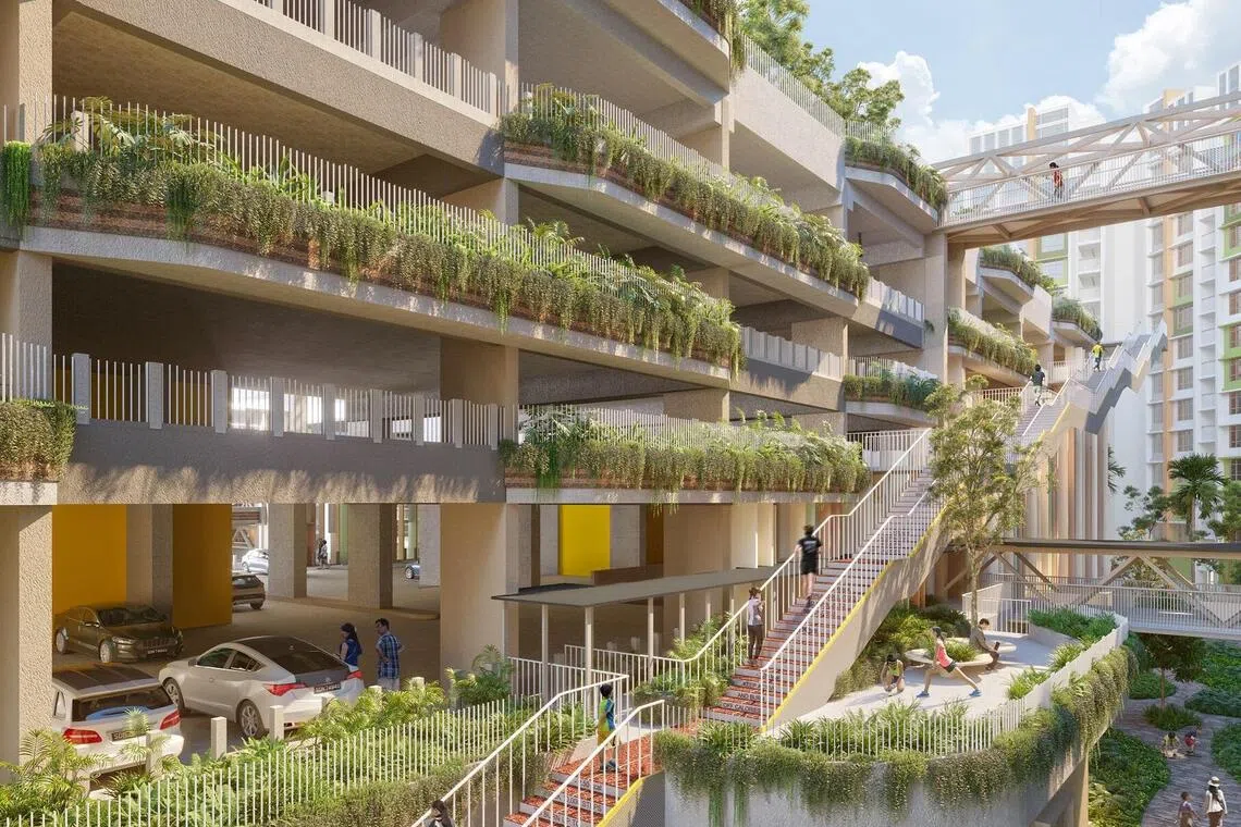 停车场的两组楼梯各有145级台阶，公众不论在哪个楼层都可直达顶楼花园。（建屋局提供构想图）