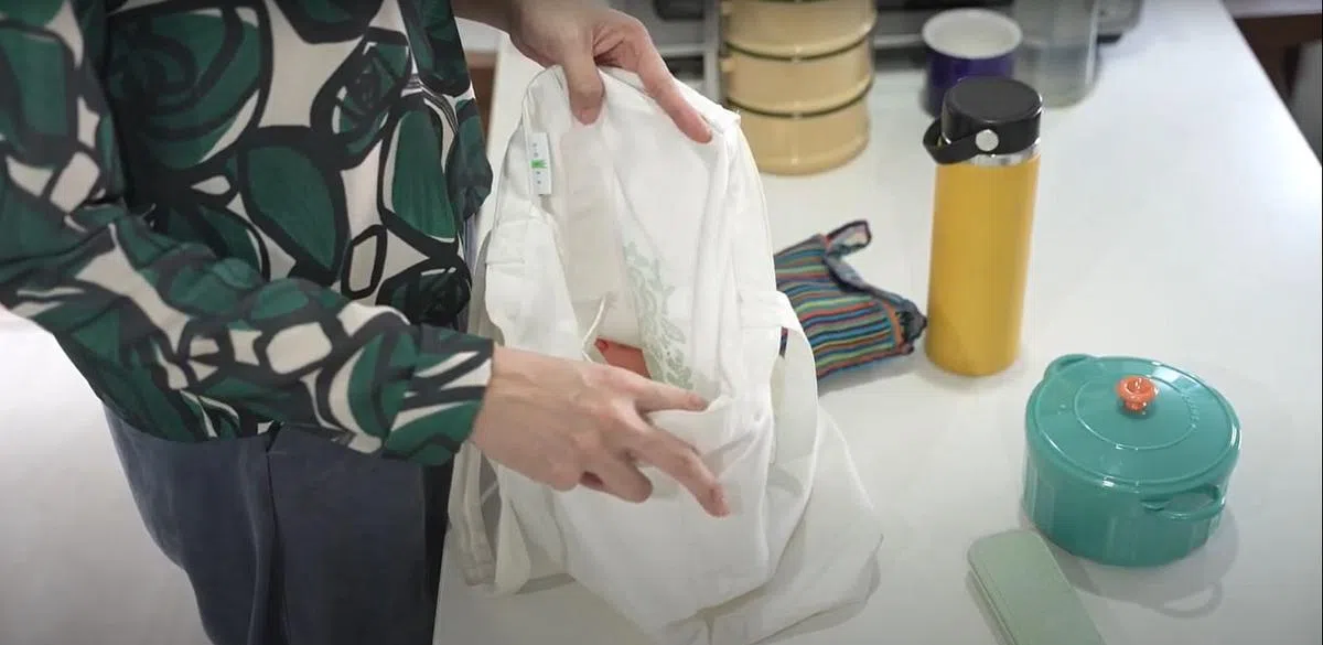 张雪贞认为不必特地购买标榜“环保”的产品，重复使用家里已经有的东西最环保。（视频截图）