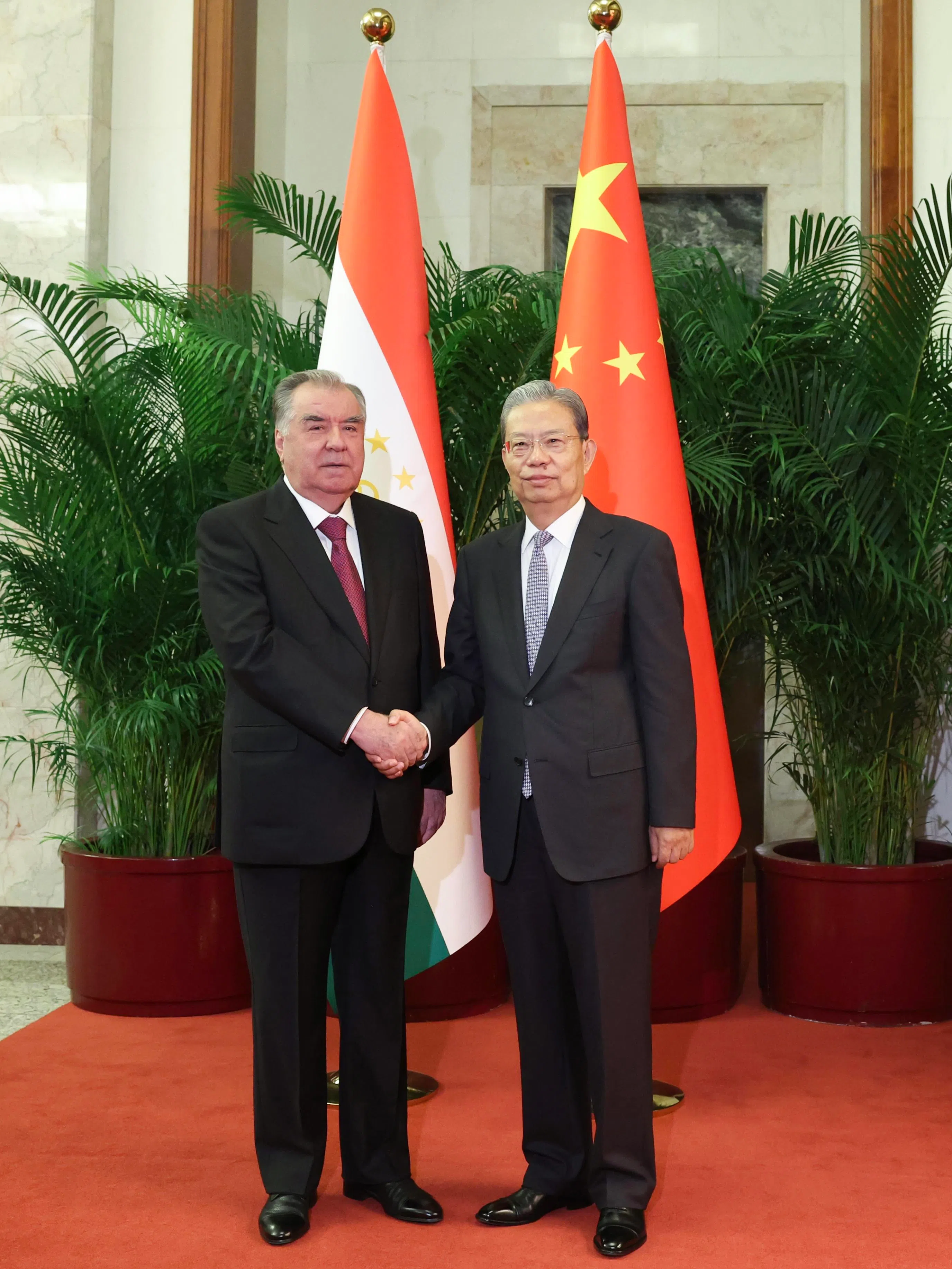 中国全国人大常委会委员长赵乐际（右）星期二（5月12日）在北京会见来华进行国事访问的的中亚国家塔吉克斯坦（Tajikistan）总统拉赫蒙（Emomali Rahmon）。（中新社）