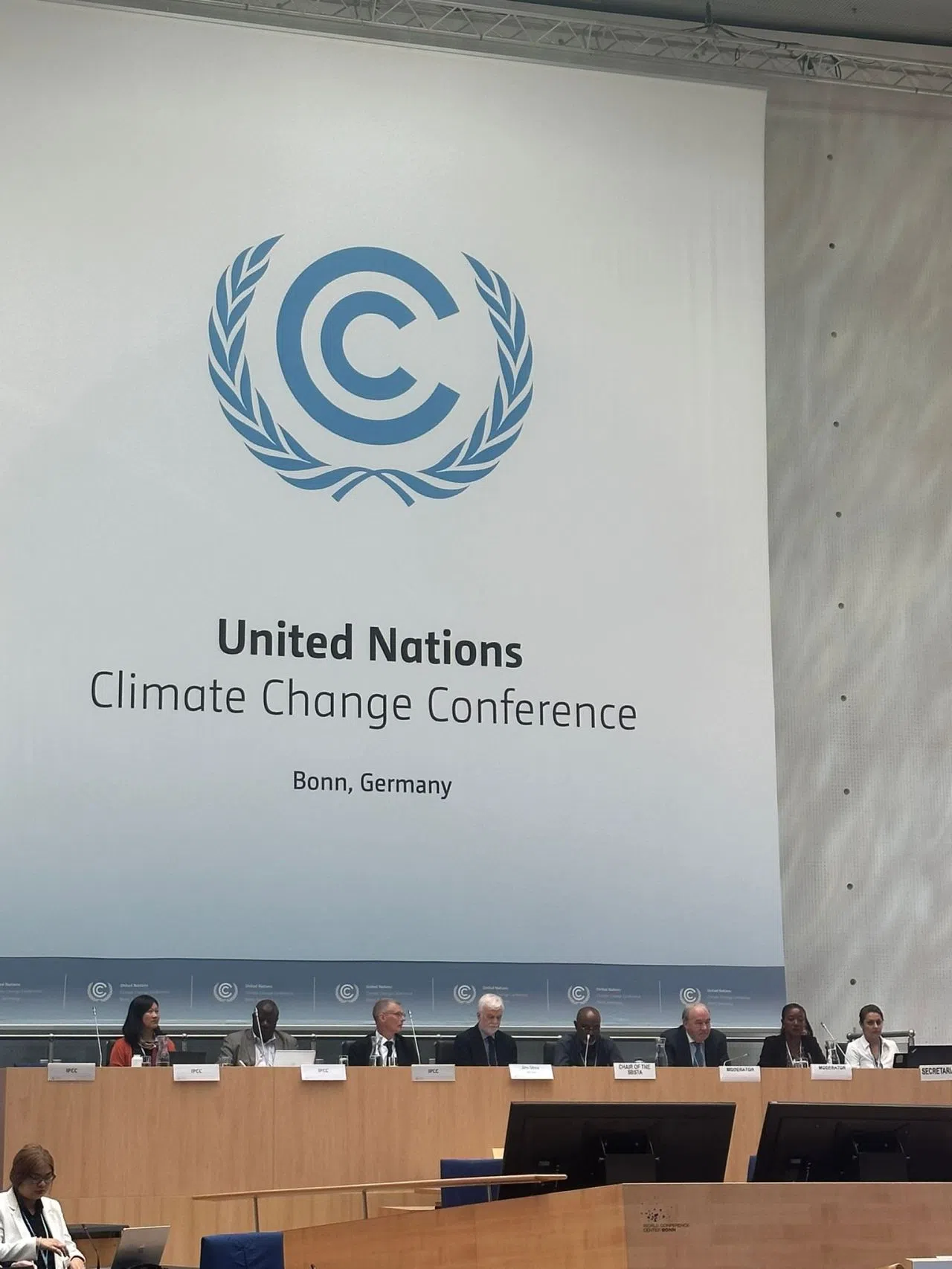 2024年，黄淑敏（台上左一）获新加坡政府提名参与全球适应目标指标的拟议工作，最终顺利加入专家团。过去一年，她多次在联合国气候变化框架公约（UNFCC）的会议与工作坊上与国际专家就气候适应指标展开讨论。（受访者提供）