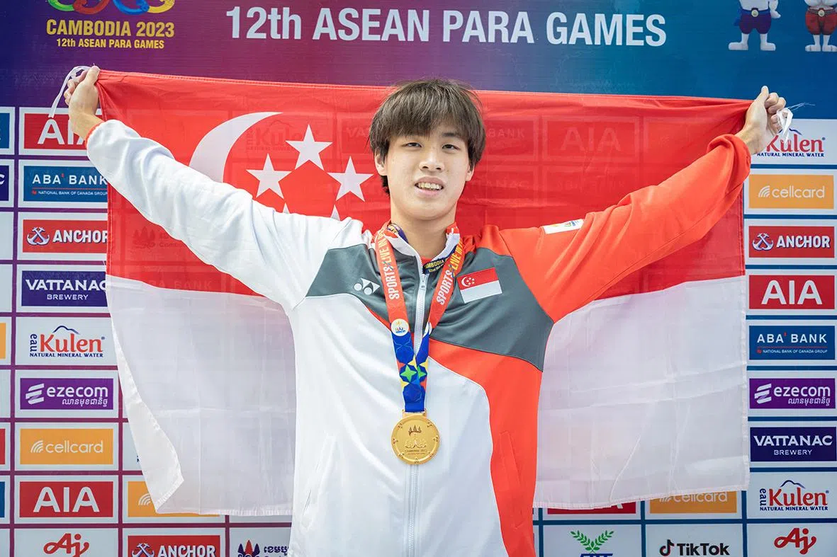 孙锦光在今年4月去世，图为他代表我国在2023年亚细安残疾人运动会SB13级别男子50米蛙泳获得金牌。（新加坡全国残奥理事会）