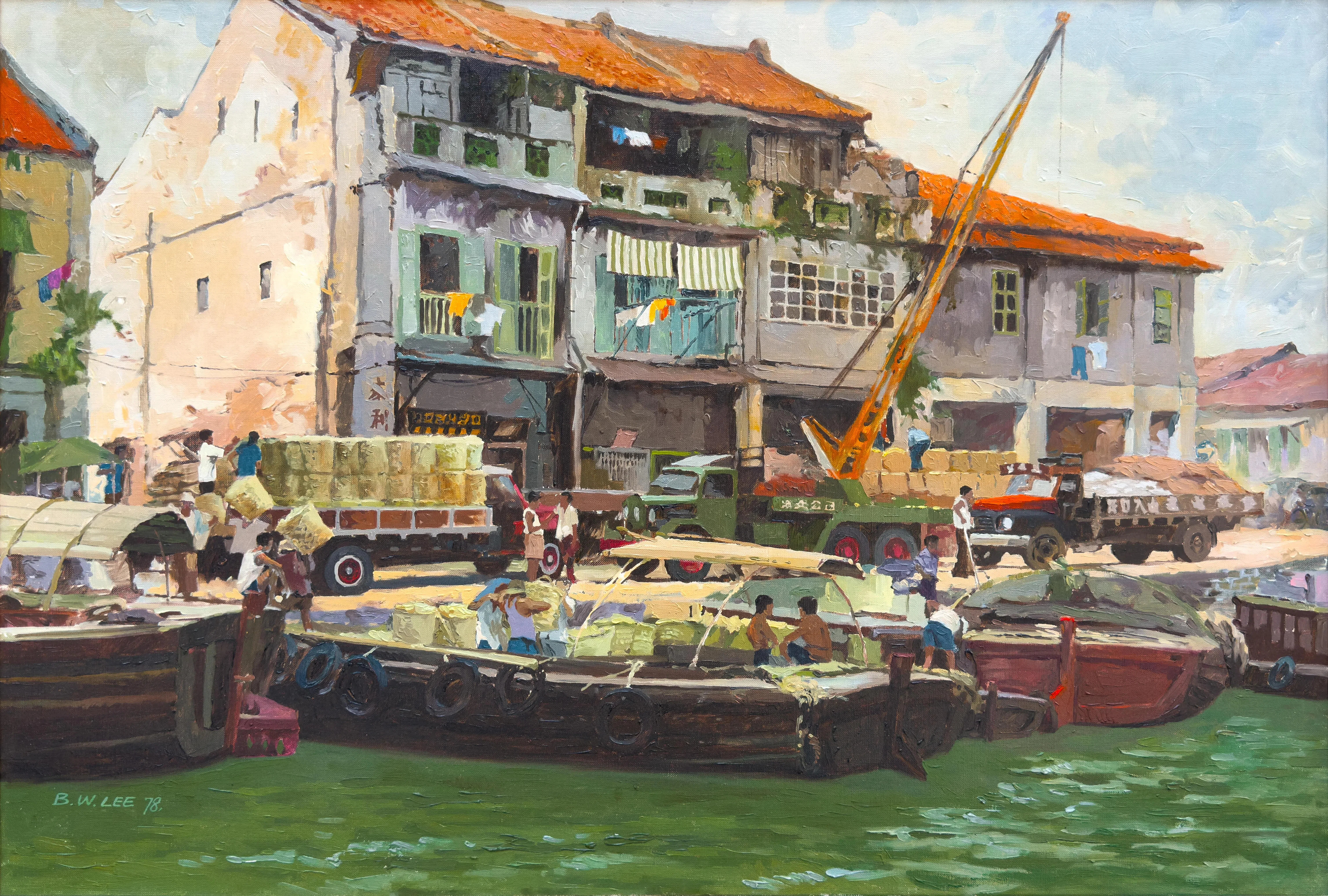 李文苑油画《熙熙攘攘的新加坡河》（1978）。（嘉合画轩提供）