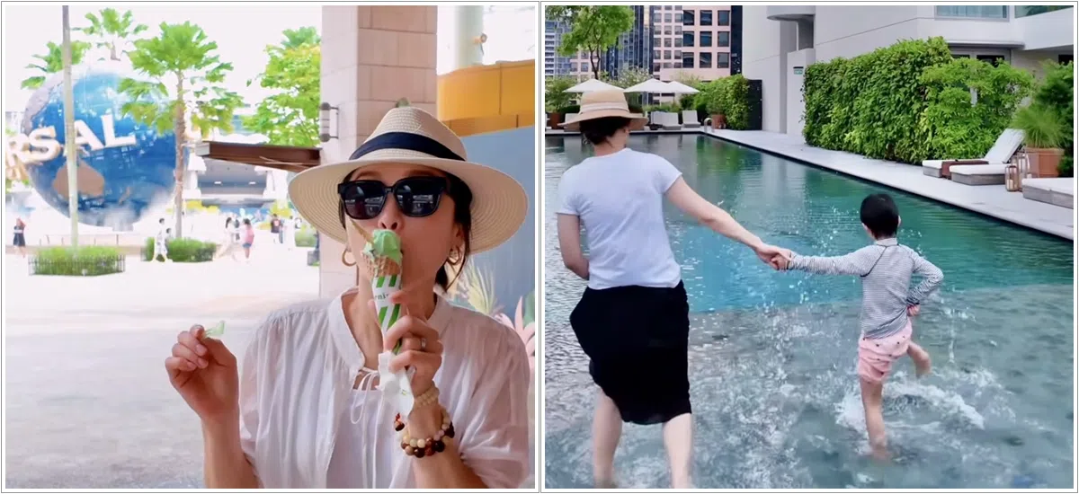 周励淇（左图）在视频中近乎素颜出镜，与她同行的包括一名小男生（右图），估计是周励淇的儿子。（艺人IG视频截图）
