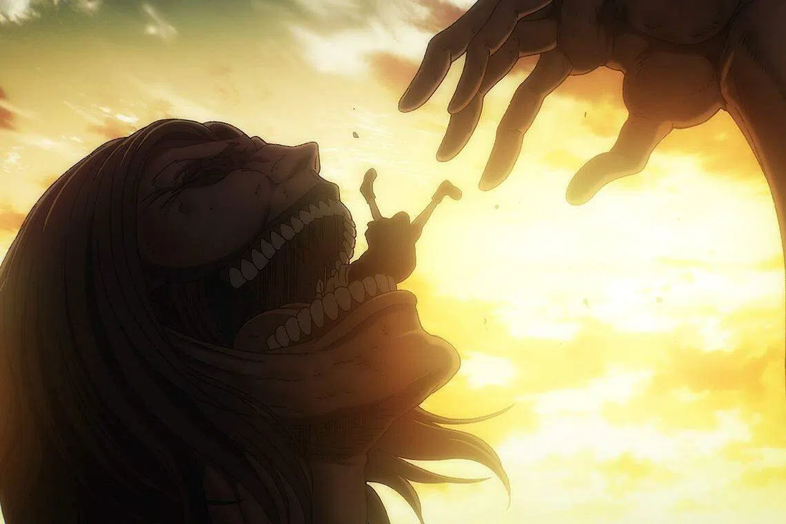 剧中，巨人破墙而入，艾伦妈妈在劫难中被吞噬。（互联网）