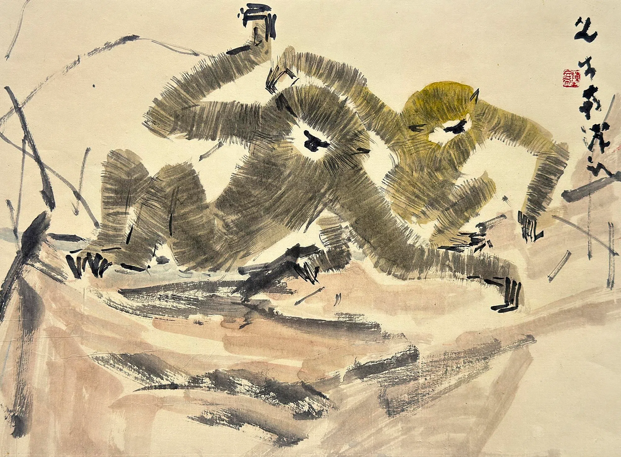 新加坡陈文希彩墨画《猿猴》（约1989）。（集菁艺社提供）