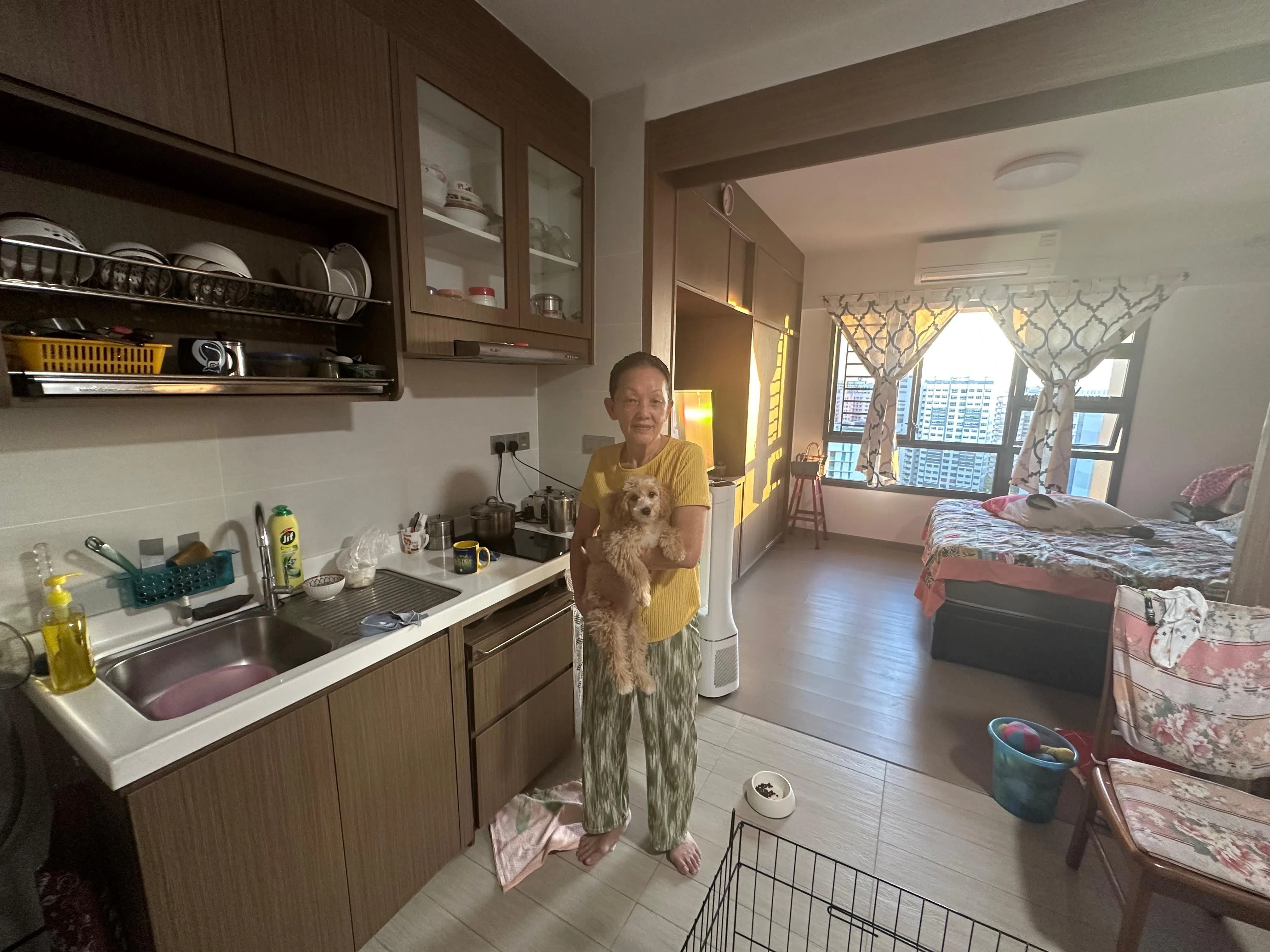 74岁的温秀云独自与爱犬同住在武吉巴督的社区关爱组屋。她说，虽然单位空间不大，但环境安静、生活便利，有宠物相伴让生活更充实。（林煇智摄）