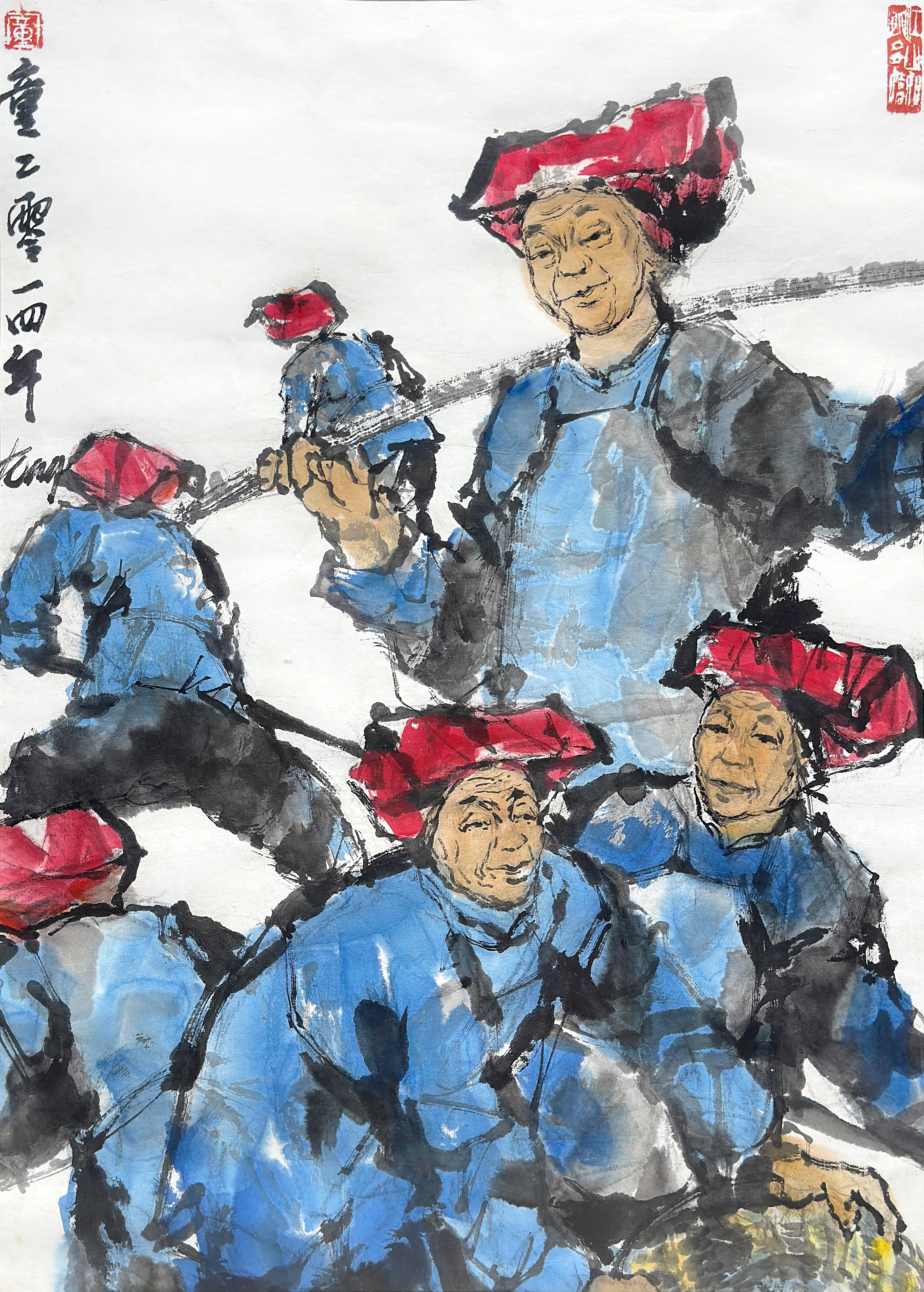 童振狮描绘红头巾的水彩画《一天的工作》（2014）。（集菁艺社提供）