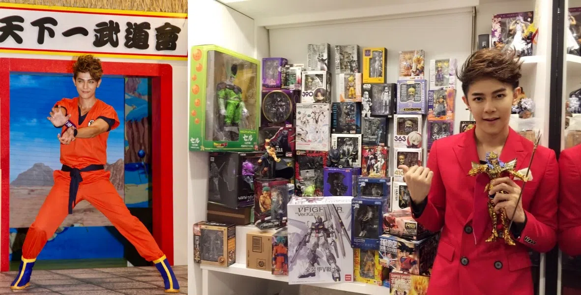 汪东城（左）于2015年在香港为七龙珠展览站台，当时特地变装成悟空。（互联网）