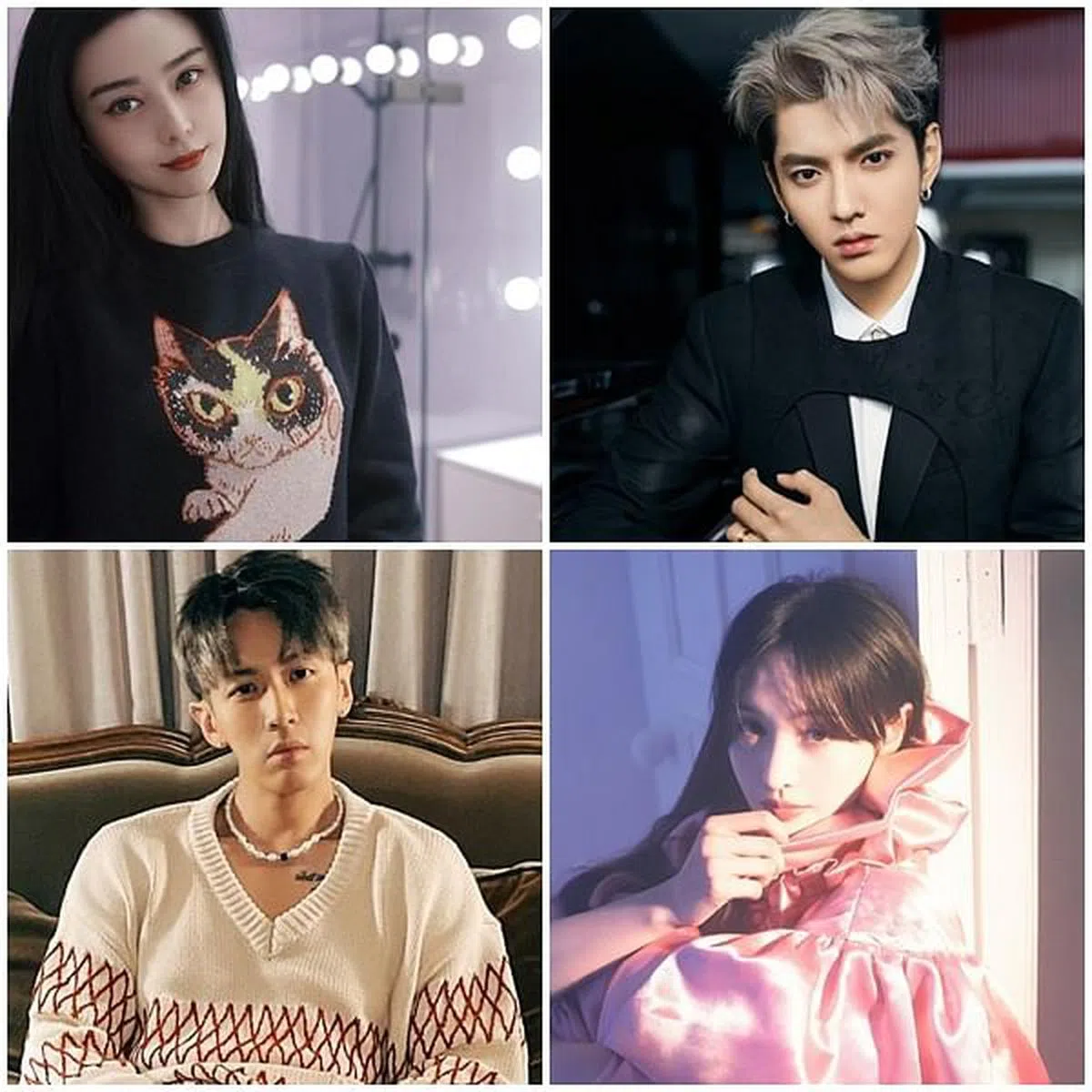 郭敬明先后跟范冰冰（左上图）、吴亦凡（右上图）、柯震东（左下图）、郑爽合作过。（IG）