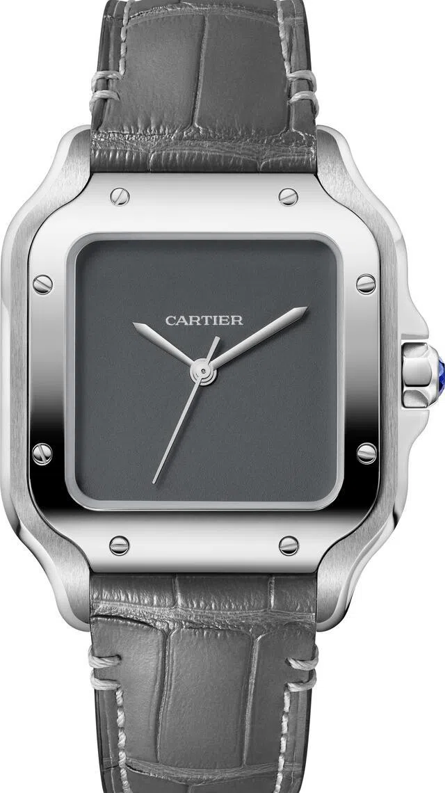 卡地亚Santos de Cartier MM Monochromatic Dial纯灰色表盘精钢腕表，表盘看似“纯灰”，实则用多道工艺叠加出视觉层次。（卡地亚提供）