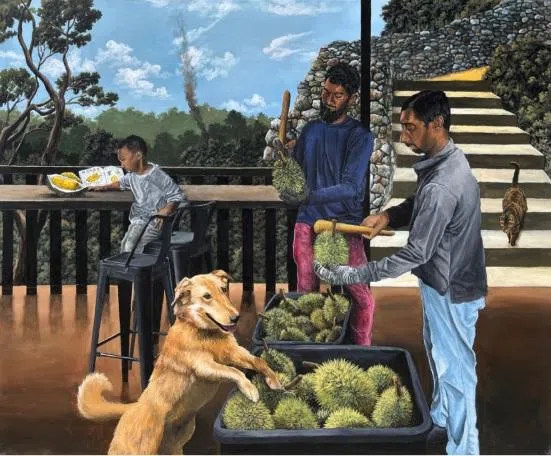 罗法荣油画《丰收派对》在Haridas Contemporary展出。（Haridas Contemporary提供）