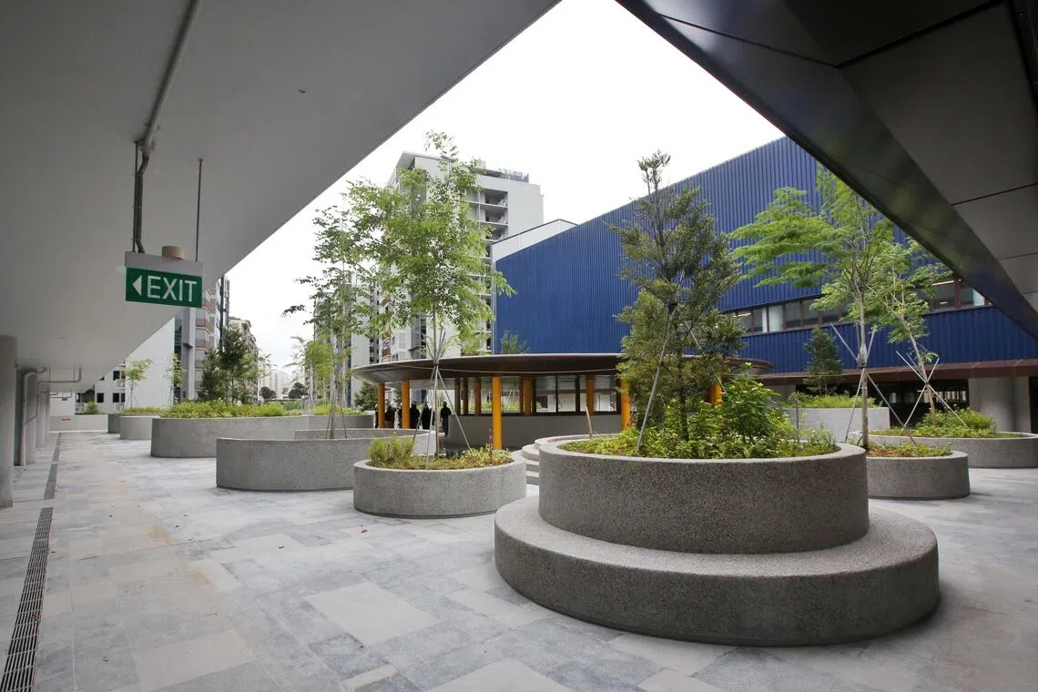 欧南中学在新校打造更多户外空间，让学生休息交流，感受绿意。（特约陈福洲摄）