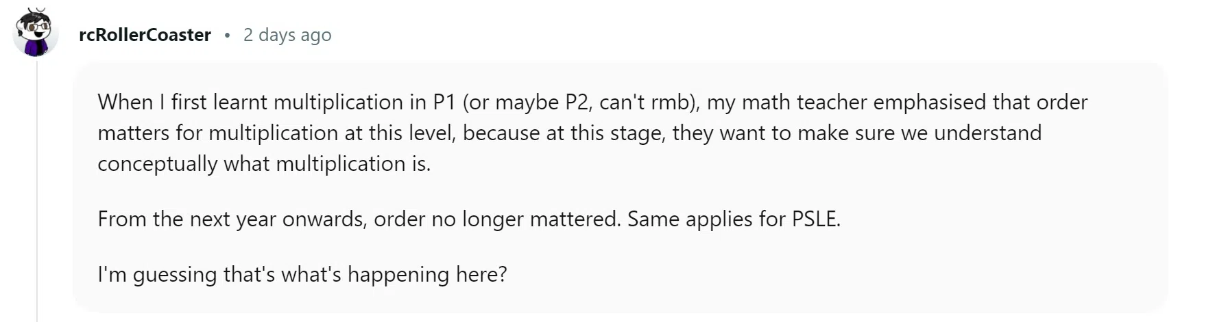 网友rcRollerCoaster回应贴文时，尝试解释老师为什么不接受“五乘八”的答案。（取自互联网）