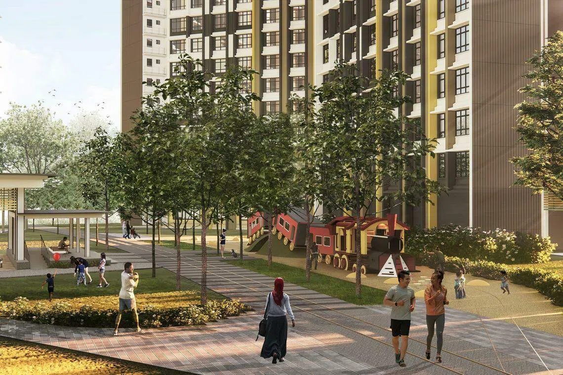 为了反映铁道走廊的历史，邻里将有火车主题的儿童游乐场，及以旧火车月台为设计概念的遮阳亭。（建屋发展局构想图）