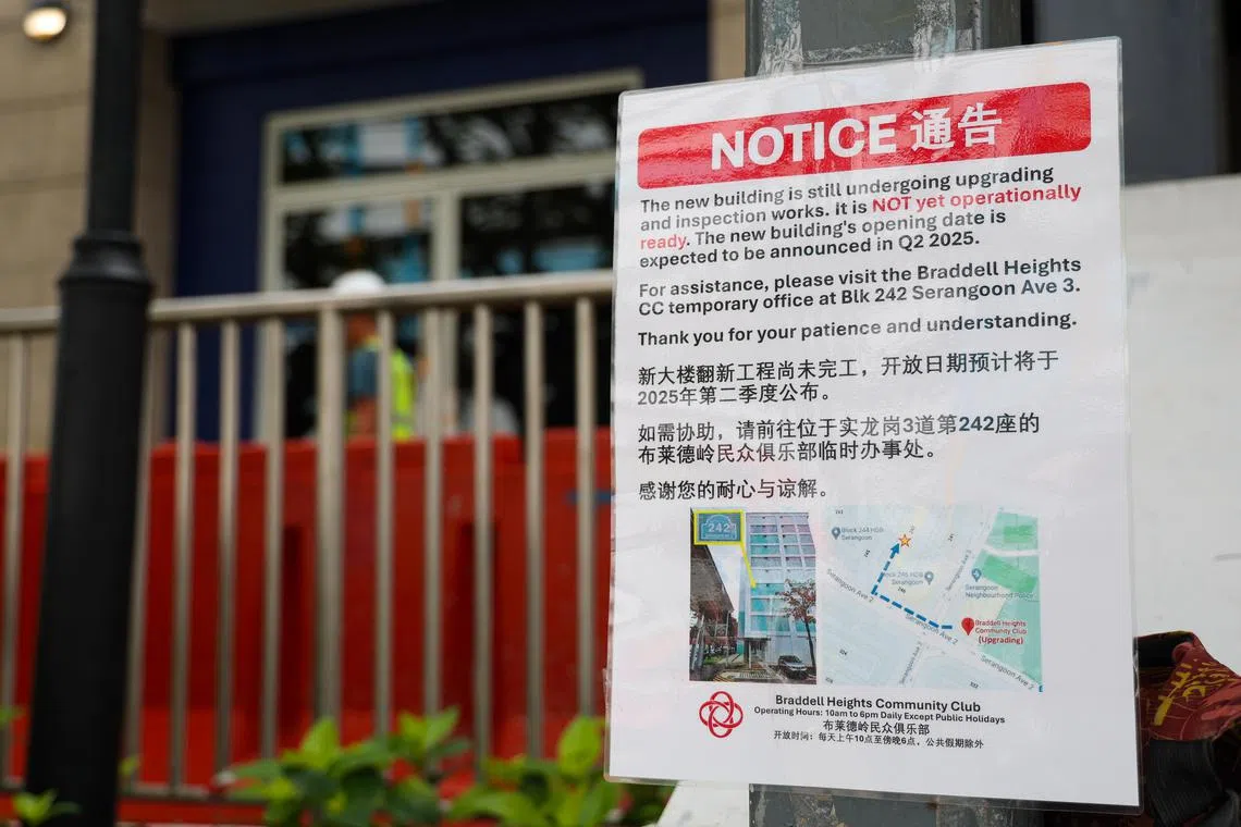 翻新中的民众俱乐部外张贴通告告知居民，翻新工程尚未完成，如需协助，可前往临时办事处。（林明顺摄）
