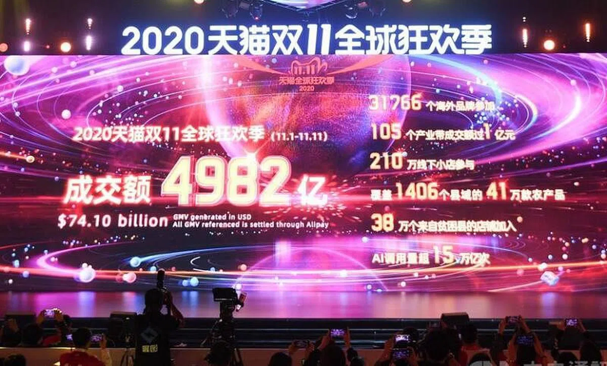 2020年11月12日，天猫宣布双11当日的总成交额达人民币4982亿元（约合新币1050亿元）。（档案照）