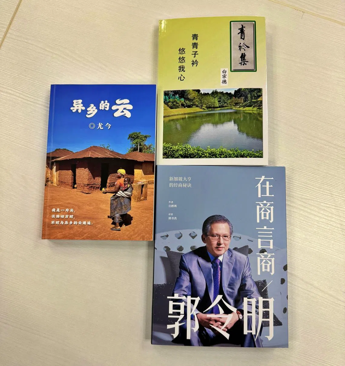 尤今《异乡的云》、白宗德《青衿集》与白胜晖《在商言商：郭令明》。（陈宇昕摄）