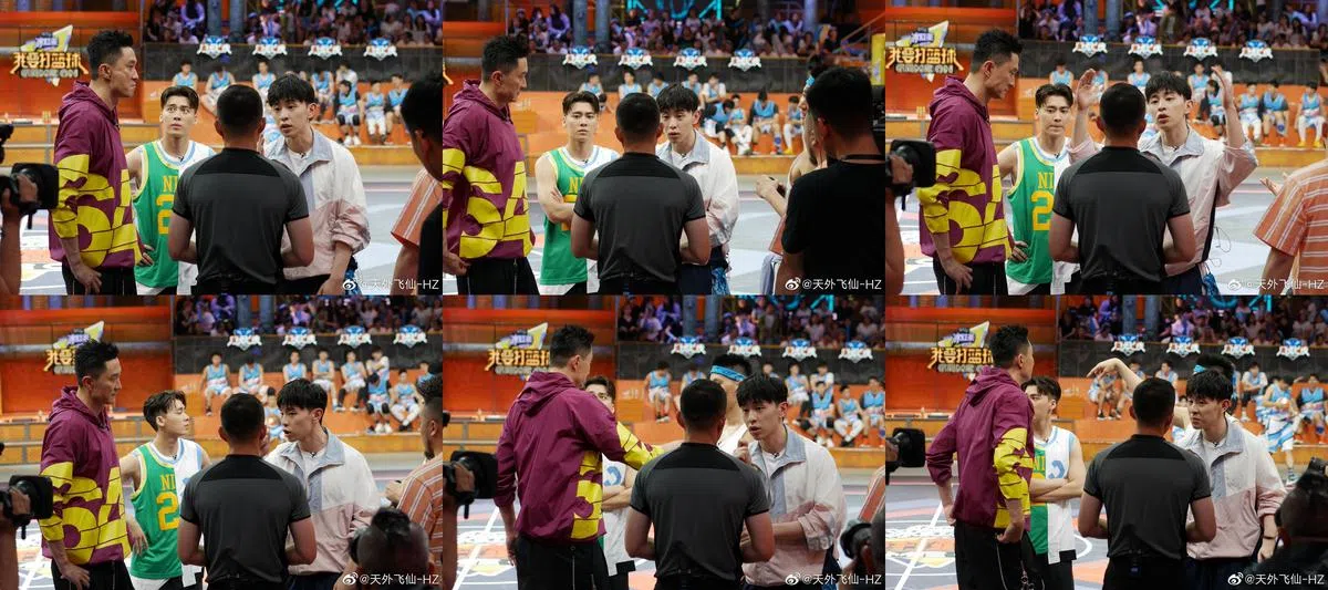 微博名为“天外飞仙-HZ”的篮球裁判，曾发出邓伦和裁判长起争执的侧拍图。（取自微博）