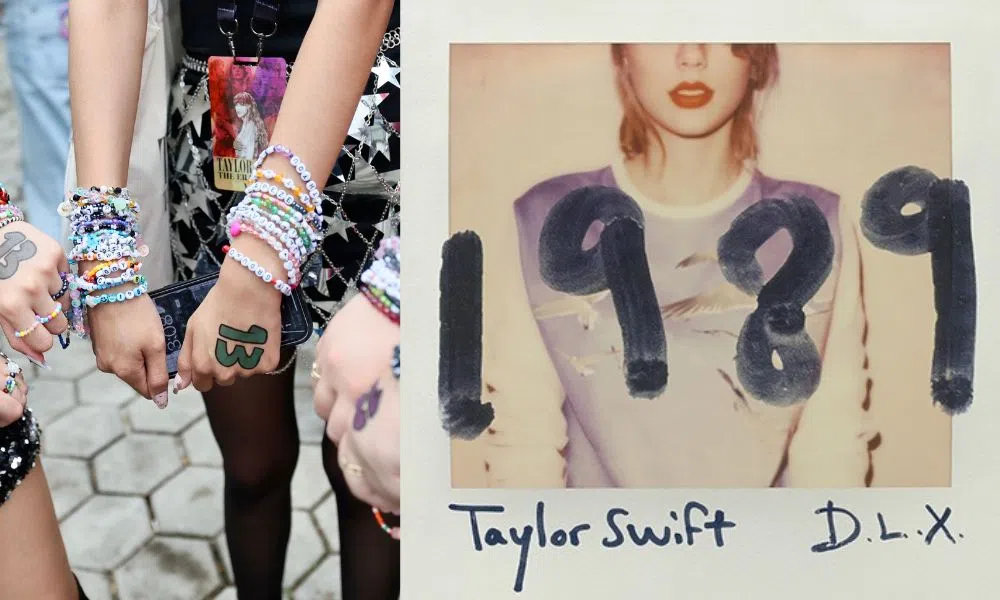Swift在2024年来新加坡时掀起友谊手链热潮（左图），她在专辑“1989”的封面中使用拍立得照片也重新带火这一产品。（档案照、互联网）