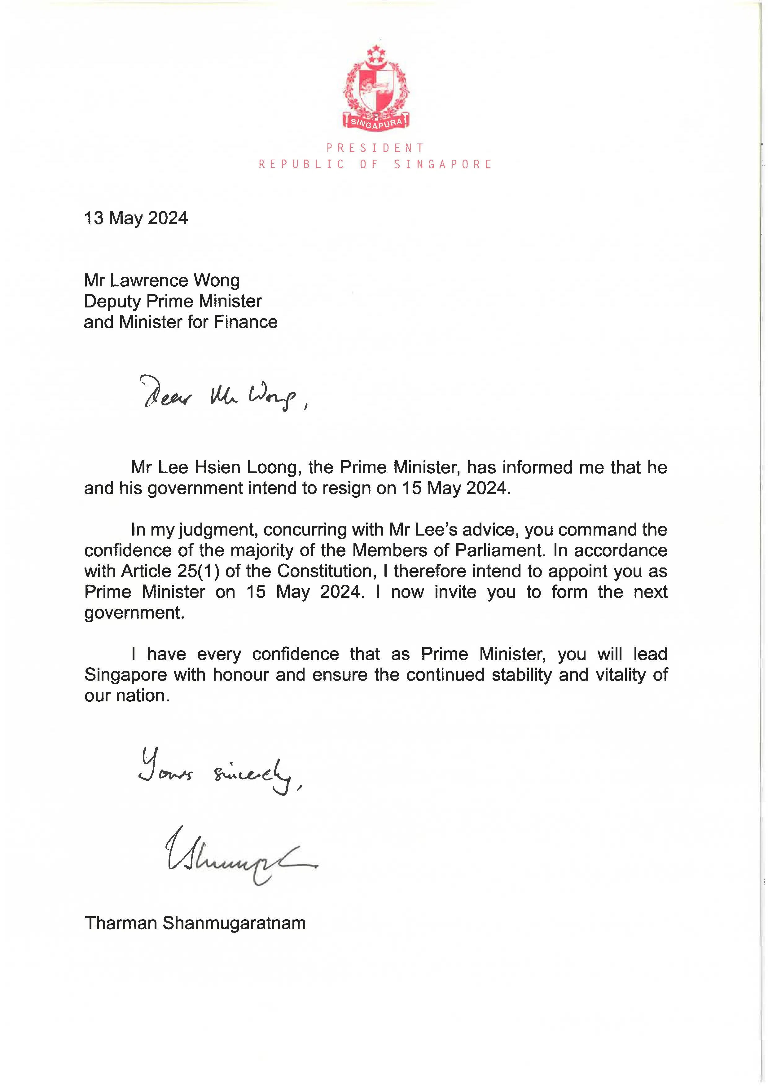 尚达曼总统有信心黄循财将以崇高的使命领导新加坡，并确保国家稳定和有活力。（总统府提供）