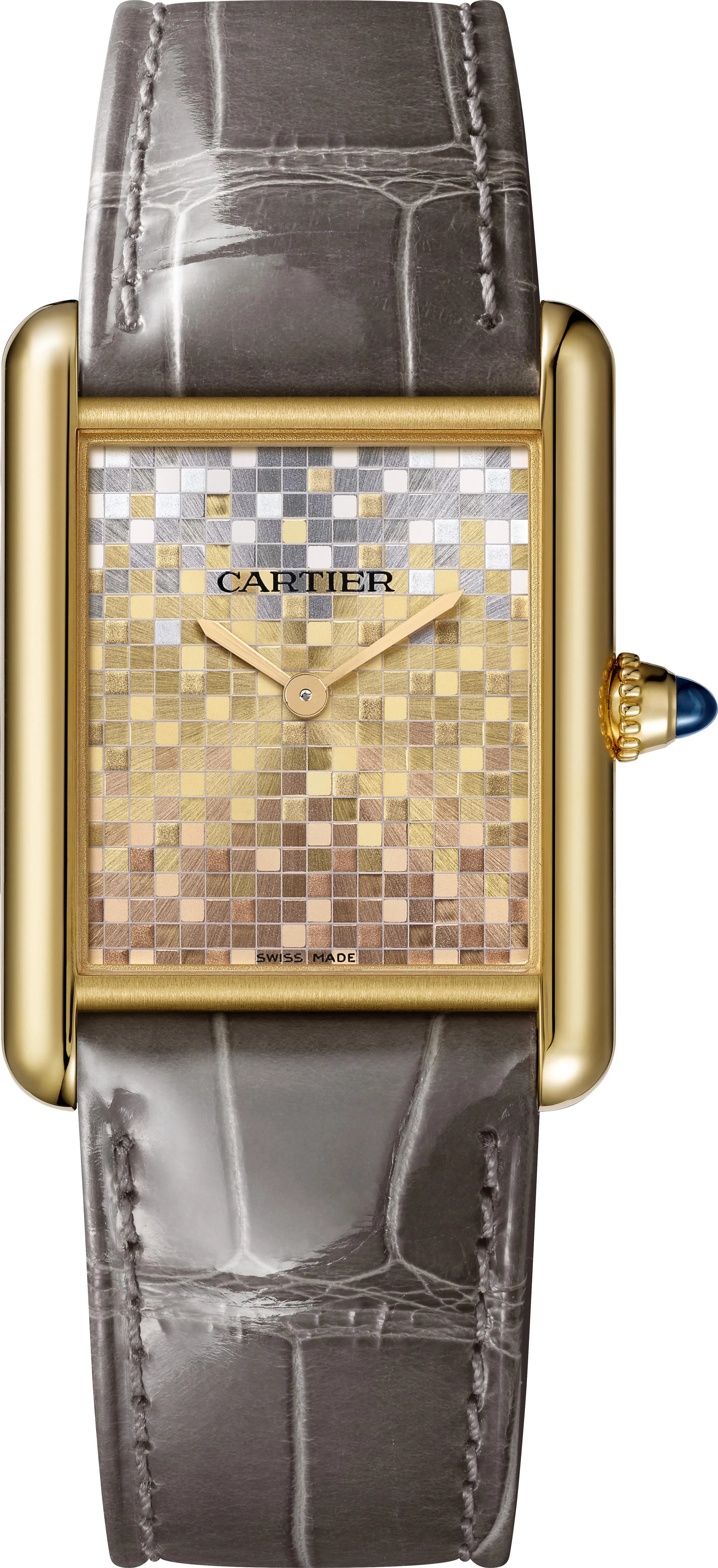 Tank Louis Cartier腕表新款式以黄金图案装饰表盘。（品牌提供）