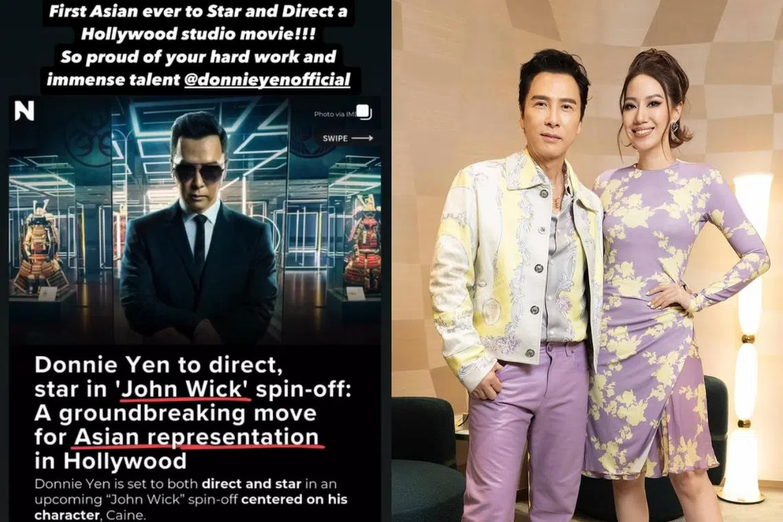 汪诗诗（右图右）在IG（左图）发文分享老公甄子丹（右图左）的消息。（取自汪诗诗IG）