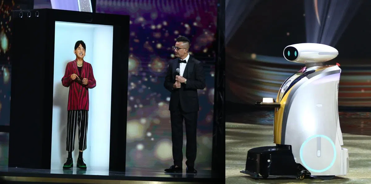 《红星大奖》颁奖典礼的海外嘉宾以全息投影技术现身。负责颁奖的Tara机器人（右小图）还能跟主持人陈汉玮互动。（新传媒提供）