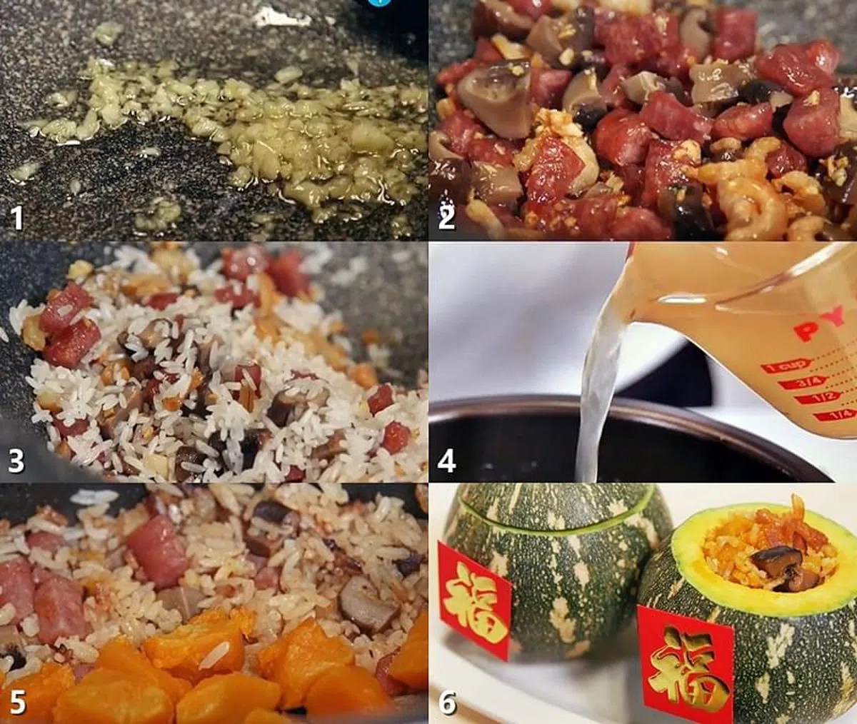 金玉满堂金瓜饭烹饪步骤。（视频截图）