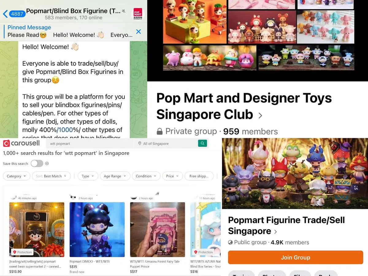 本地盲盒玩家在面簿、Telegram、Carousell等平台都有社团，促进玩家交流与换娃（截图自不同社区）。
