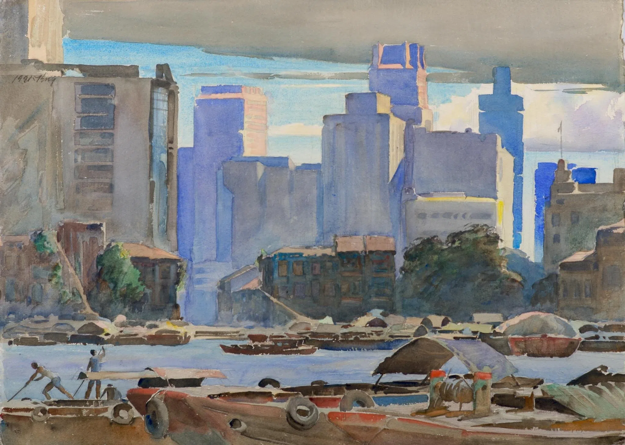 萧学民水彩画《新加坡河》 。（海卉艺苑提供）