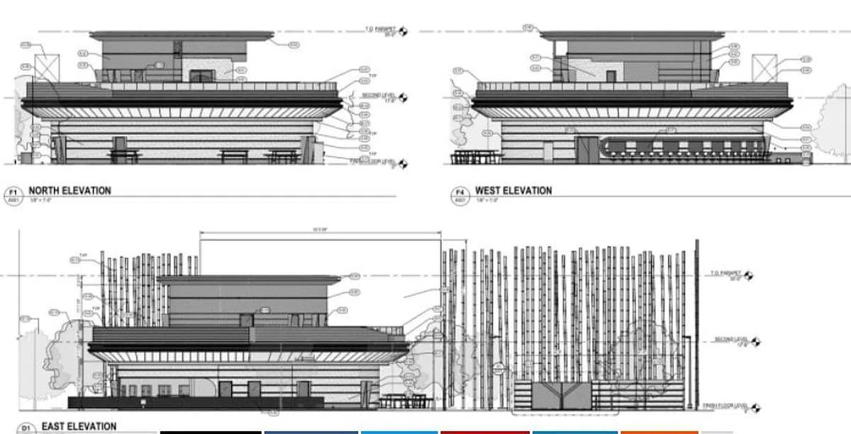 特斯拉超级充电站、餐厅和露天汽车影院设计图。（互联网）