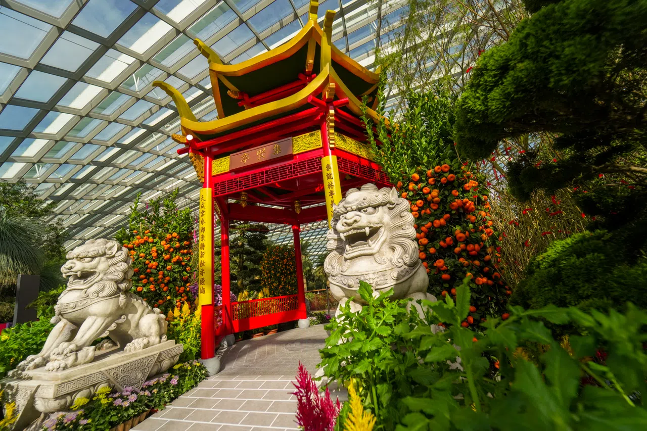 “春花盛开之白蛇传”花展主创团队在花穹复制了西湖名景“集贤亭”，并用各种色彩缤纷的花卉点缀。（滨海湾花园提供）